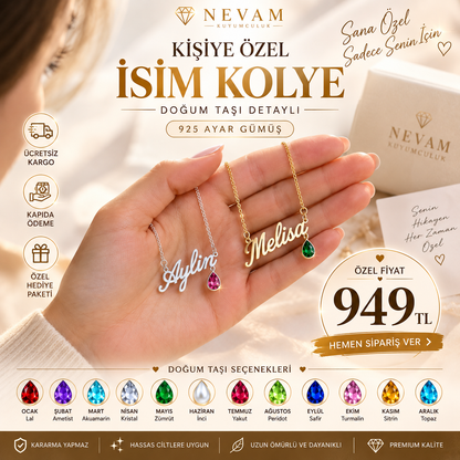 Özel İsim Kolye – 925 Ayar Gümüş Doğum Taşı Detaylı