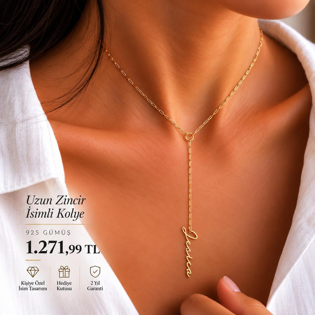 Uzun Zincir İsimli Kolye - 925 GÜMÜŞ
