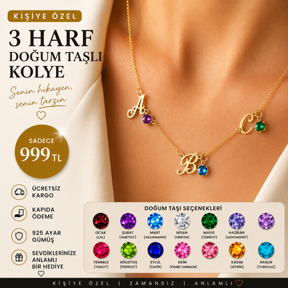 Kişiye Özel 3 Harf Doğum Taşlı Kolye | 925 Ayar Gümüş