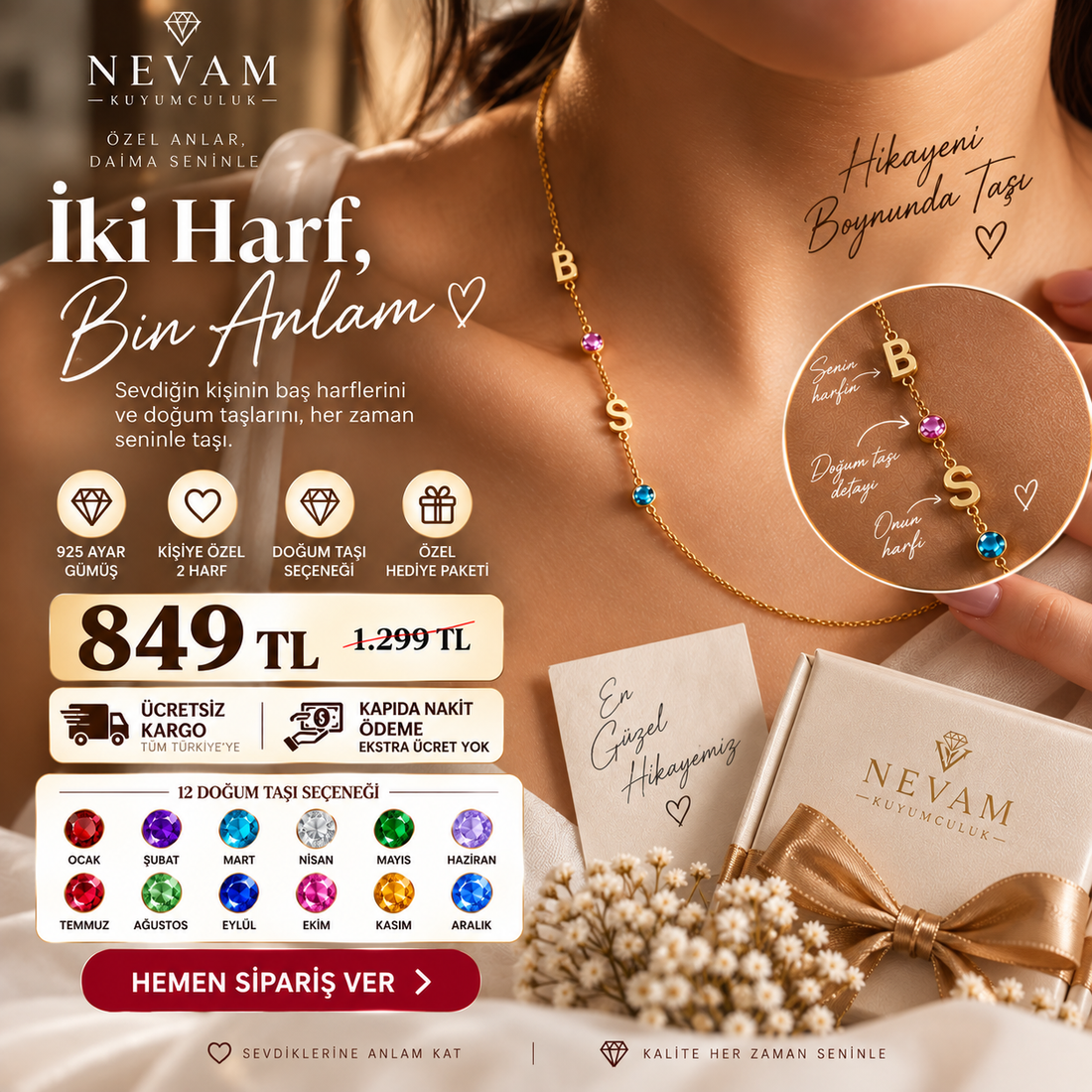 💎 2 Harf Doğum Taşlı Kolye – 925 Ayar Gümüş