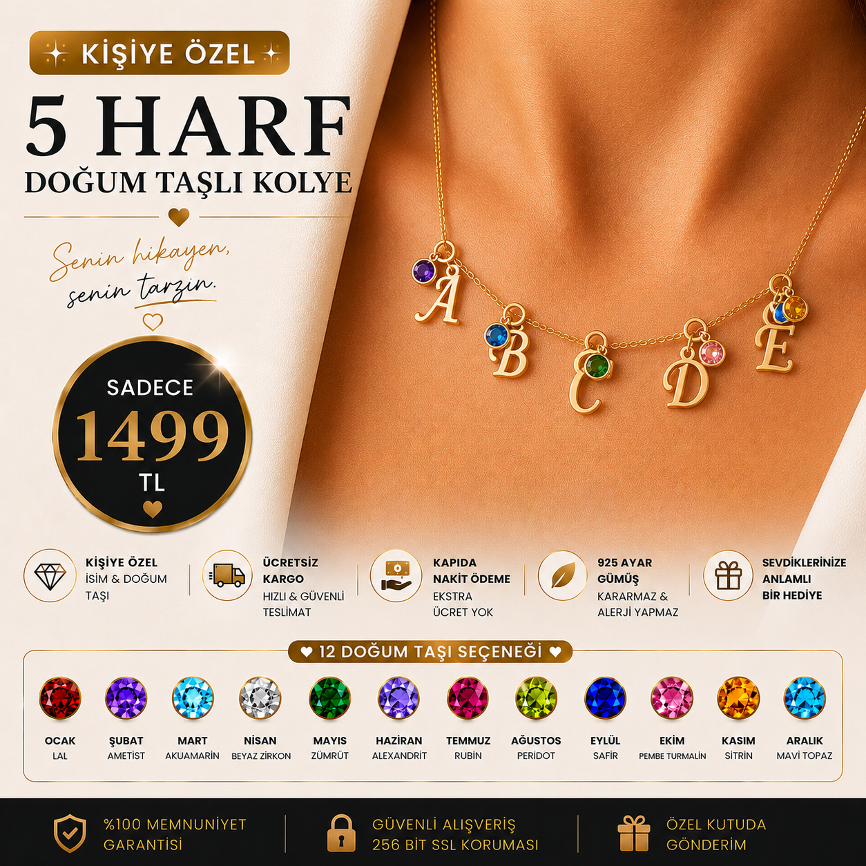 5 Harf Doğum Taşlı Kolye | Kişiye Özel 925 Ayar Gümüş