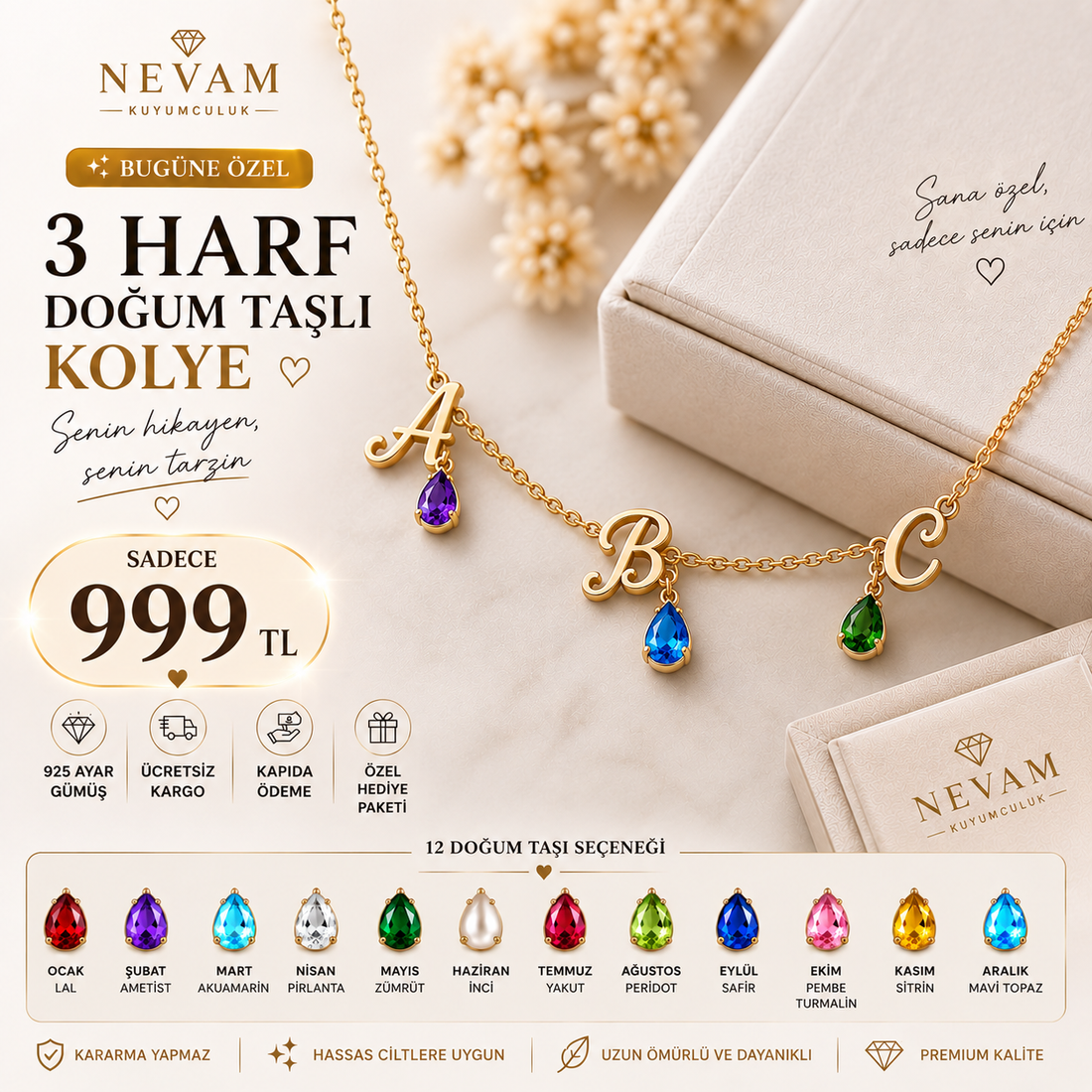 Üç Harf, Tek Hikâye ❤️ | Doğum Taşlı Kişiye Özel Kolye