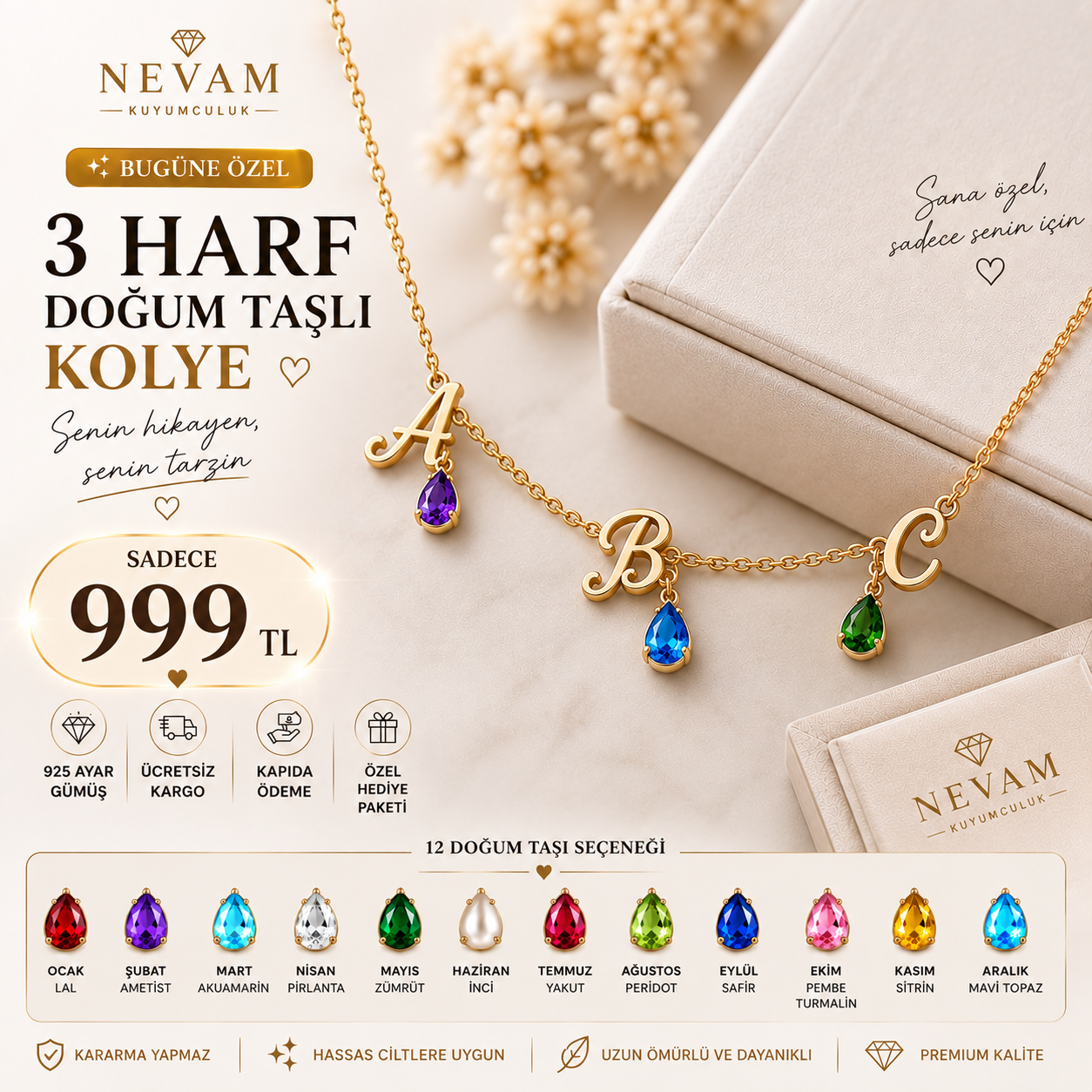 Üç Harf, Tek Hikâye ❤️ | Doğum Taşlı Kişiye Özel Kolye