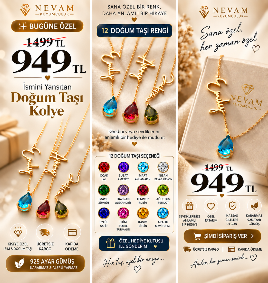 ✨ Kişiye Özel İsim &amp; Doğum Taşı Kolye | 925 Ayar Gümüş ✨