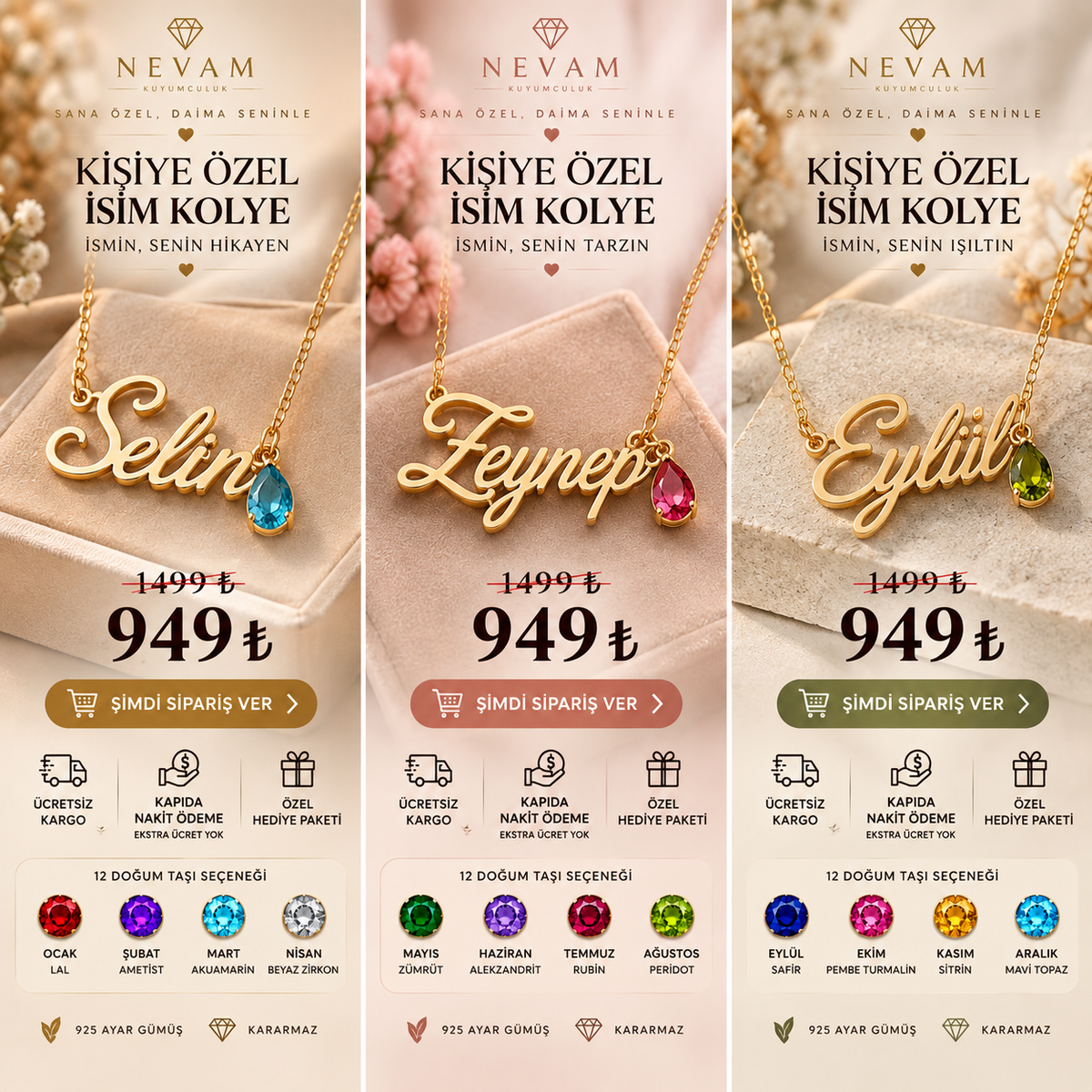 Nevam Aura™ | 925 Ayar Gümüş İsim &amp; Doğum Taşı Kolyesi