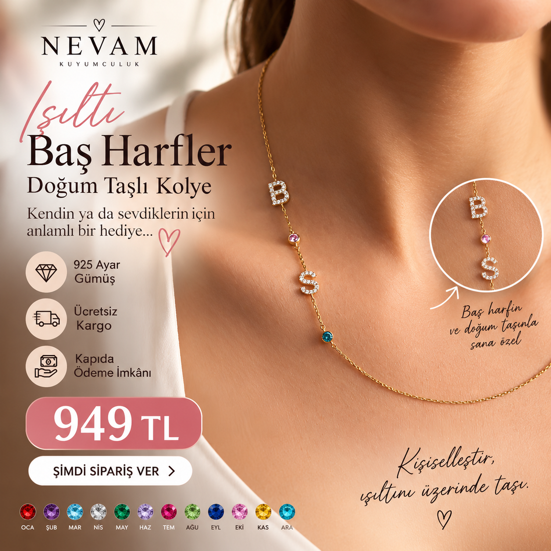 Işıltı Baş Harfler Doğum Taşlı Kolye 💖 | 925 Ayar Gümüş | Ücretsiz Kargo