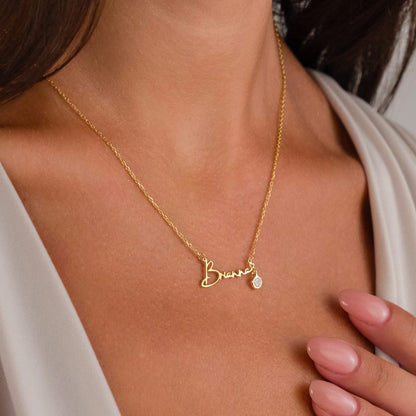 Taşlı İmzalı İsim Kolye - 925 GÜMÜŞ