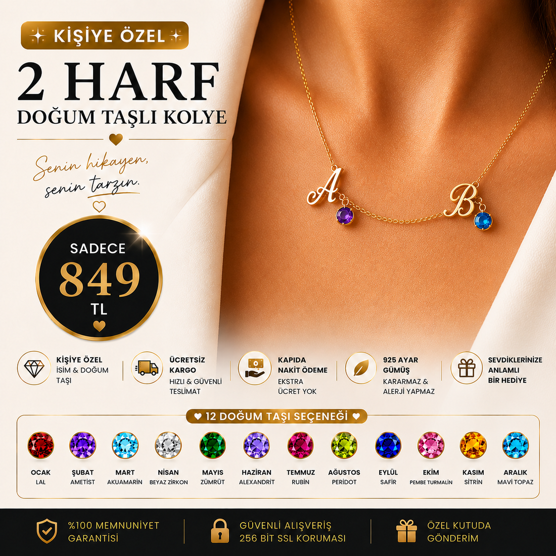 2 Harf Doğum Taşlı Kolye | Kişiye Özel 925 Ayar Gümüş