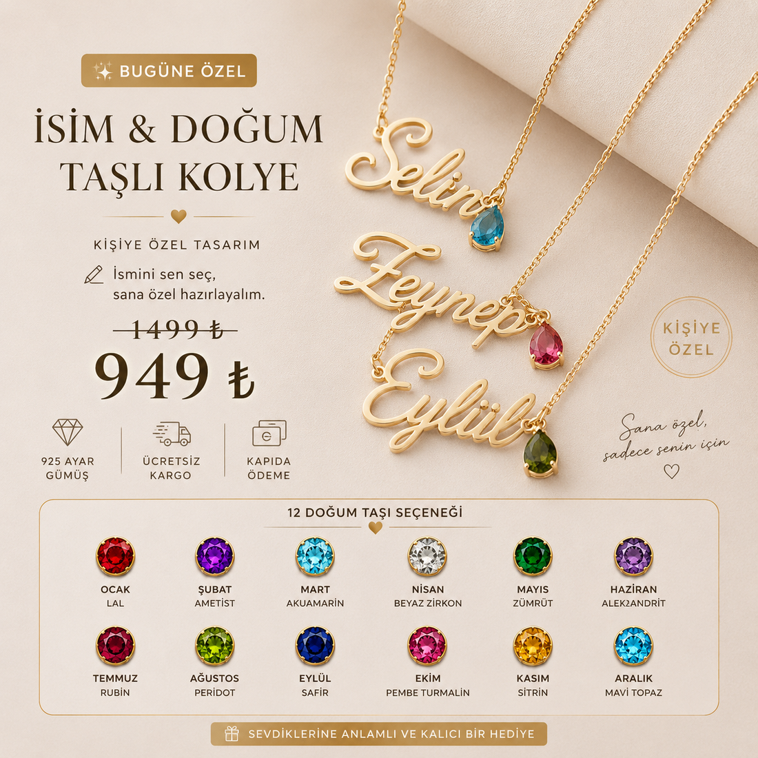 Nevam Aura™ | 925 Ayar Gümüş İsim &amp; Doğum Taşı Kolyesi