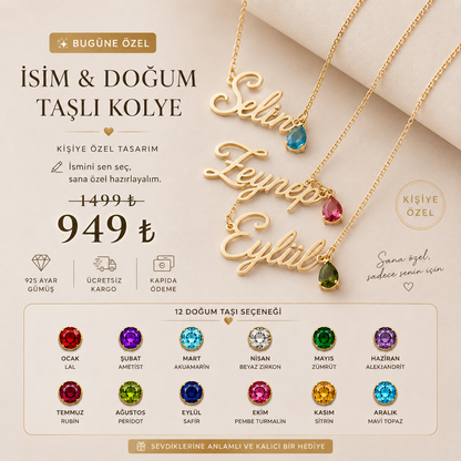Nevam Aura™ | 925 Ayar Gümüş İsim &amp; Doğum Taşı Kolyesi