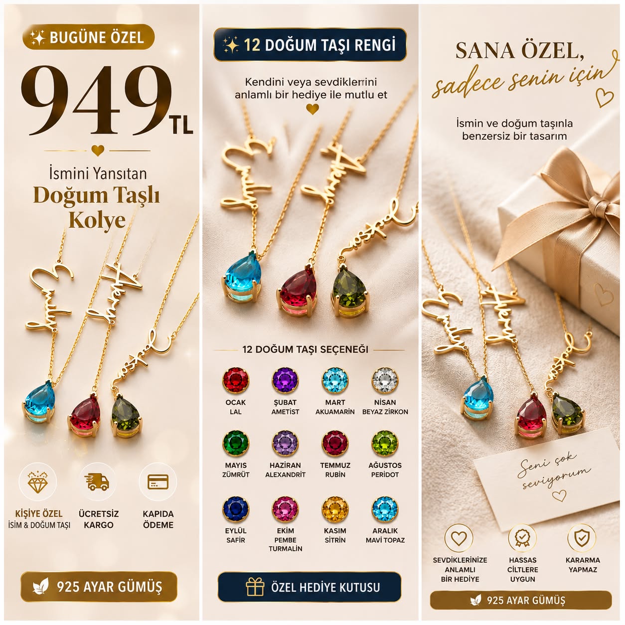 ✨ Kişiye Özel İsim &amp; Doğum Taşı Kolye | 925 Ayar Gümüş ✨