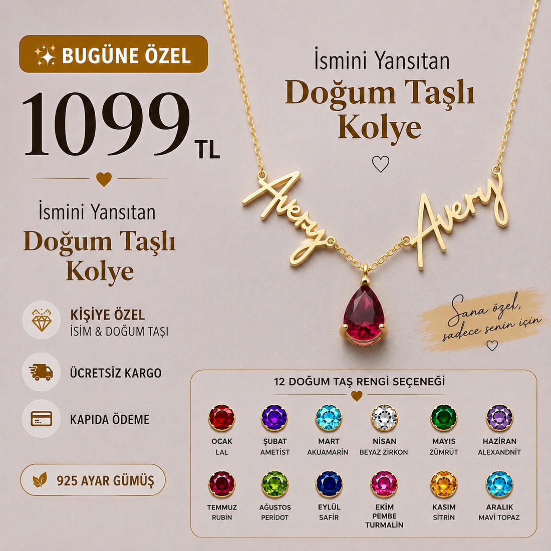 Kişiye Özel İki İsimli Doğum Taşlı Kolye – 925 Ayar Gümüş