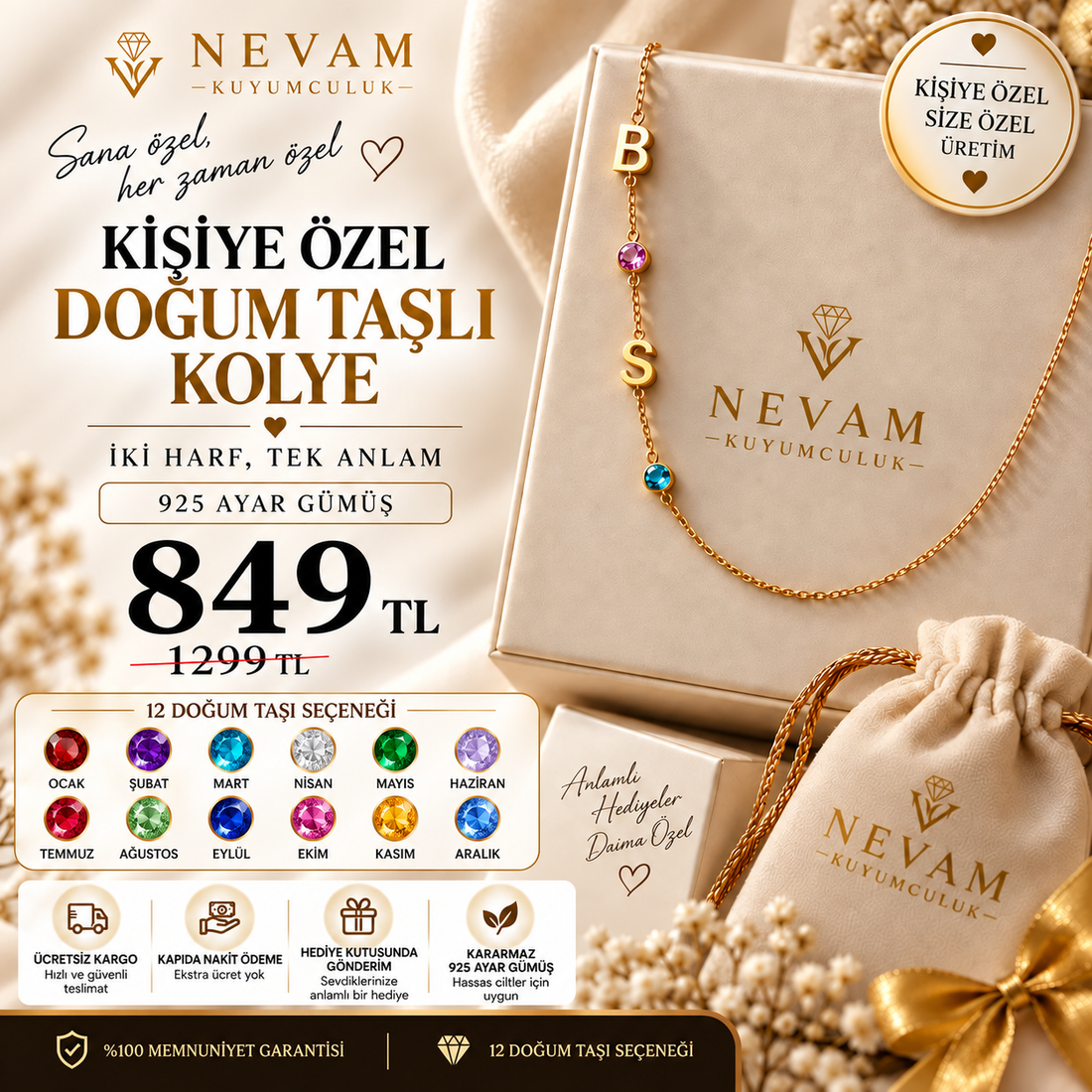 💎 2 Harf Doğum Taşlı Kolye – 925 Ayar Gümüş