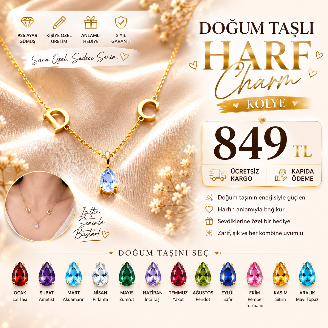 Kişiye Özel Doğum Taşlı Harf Charm Kolye – 925 Ayar Gümüş ⭐
