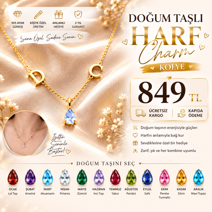 Kişiye Özel Doğum Taşlı Harf Charm Kolye – 925 Ayar Gümüş ⭐