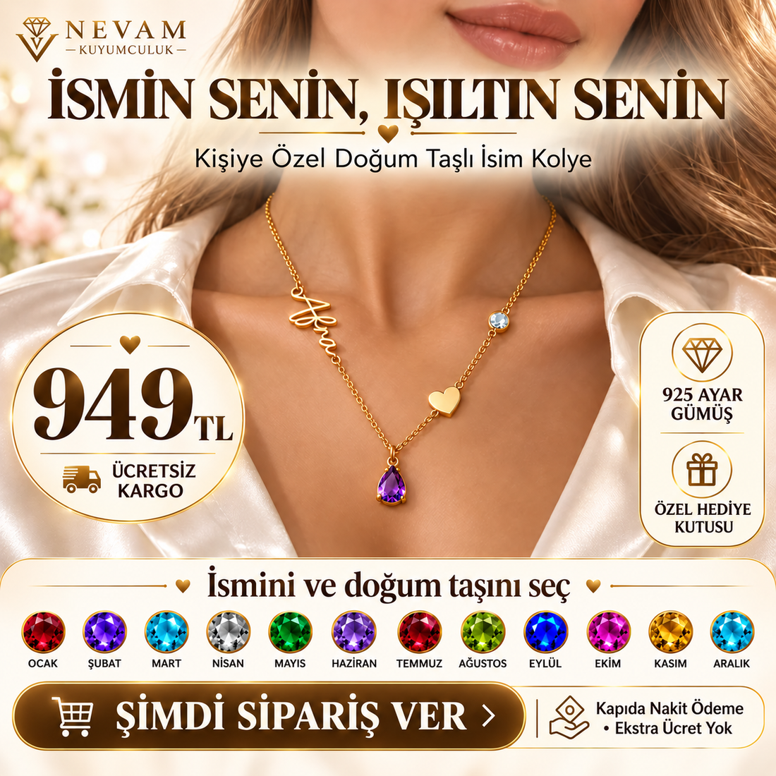 Kalp Detaylı Doğum Taşlı İsim Kolye | 925 Ayar Gümüş