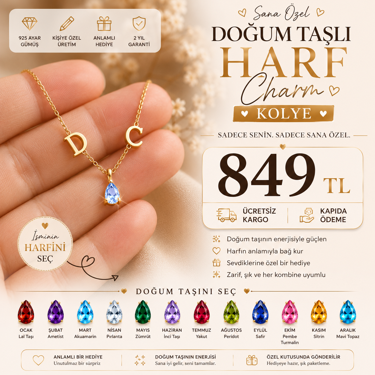 Kişiye Özel Doğum Taşlı Harf Charm Kolye – 925 Ayar Gümüş ⭐