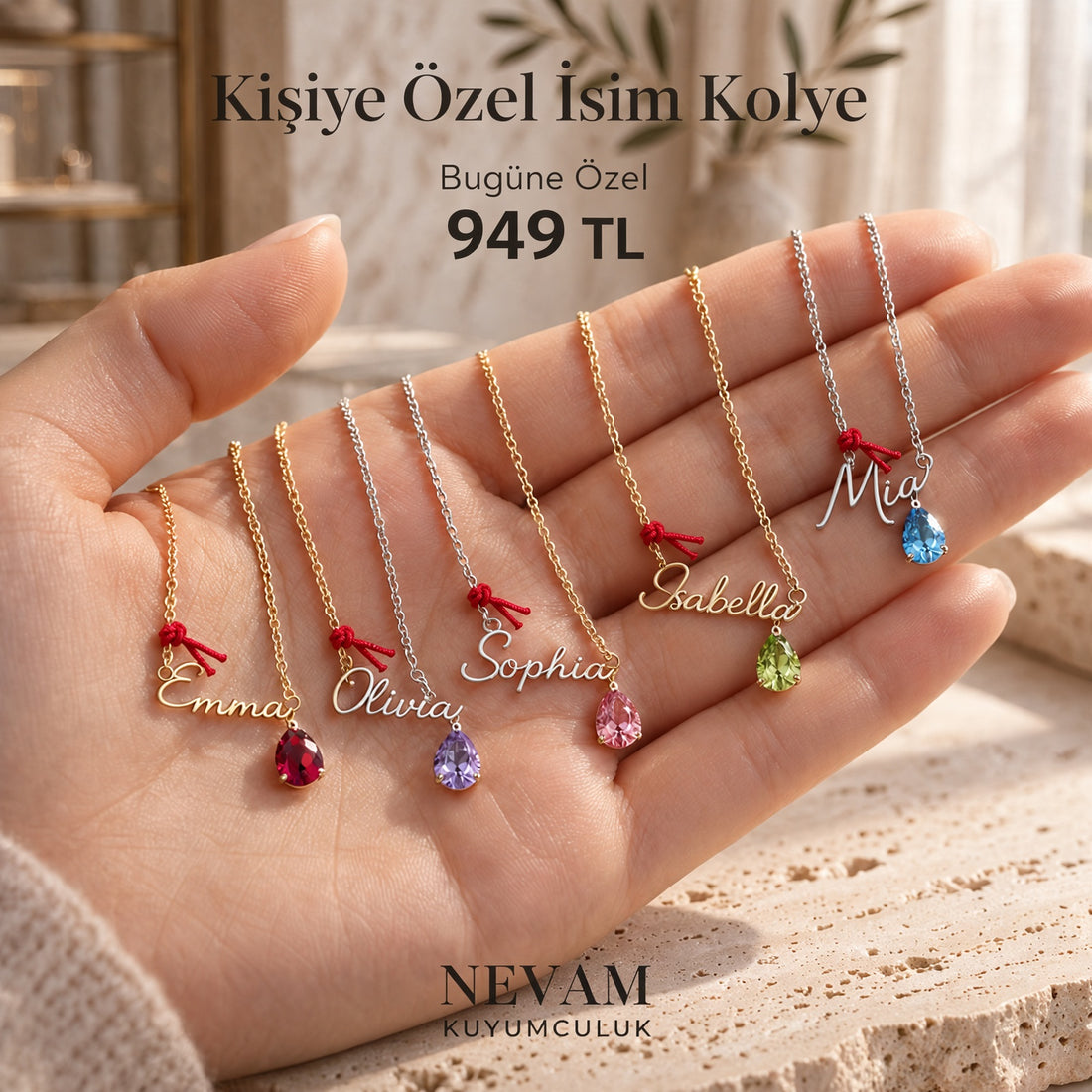 Nevam Aura™ | 925 Ayar Gümüş İsim &amp; Doğum Taşı Kolyesi