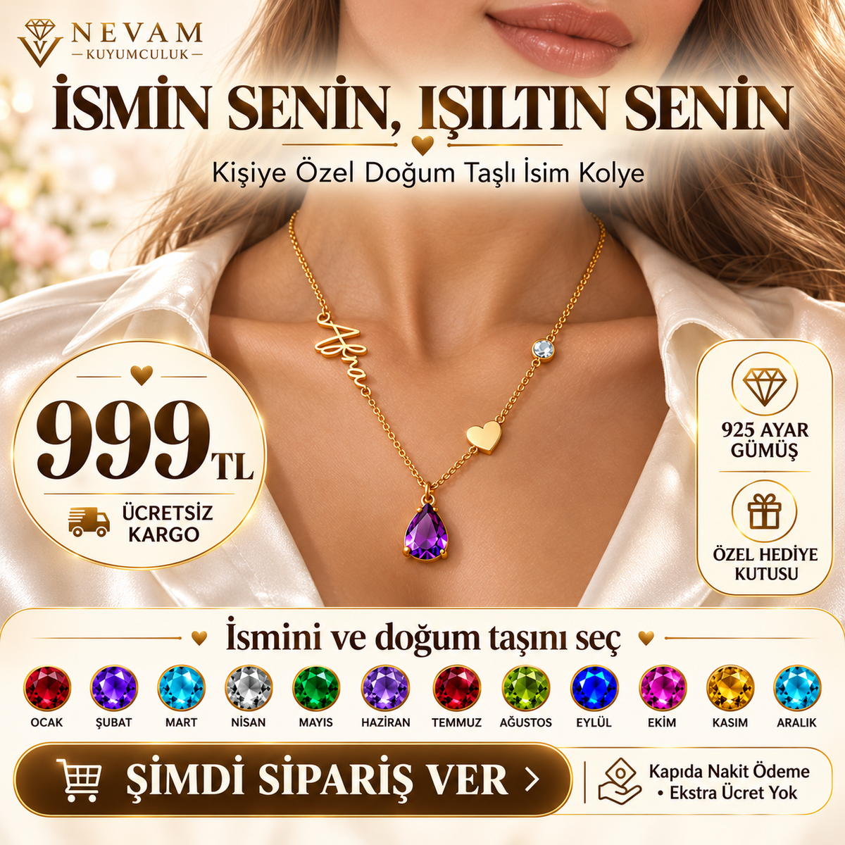 Kalp Detaylı Doğum Taşlı İsim Kolye | 925 Ayar Gümüş