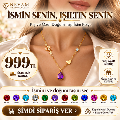 Kalp Detaylı Doğum Taşlı İsim Kolye | 925 Ayar Gümüş