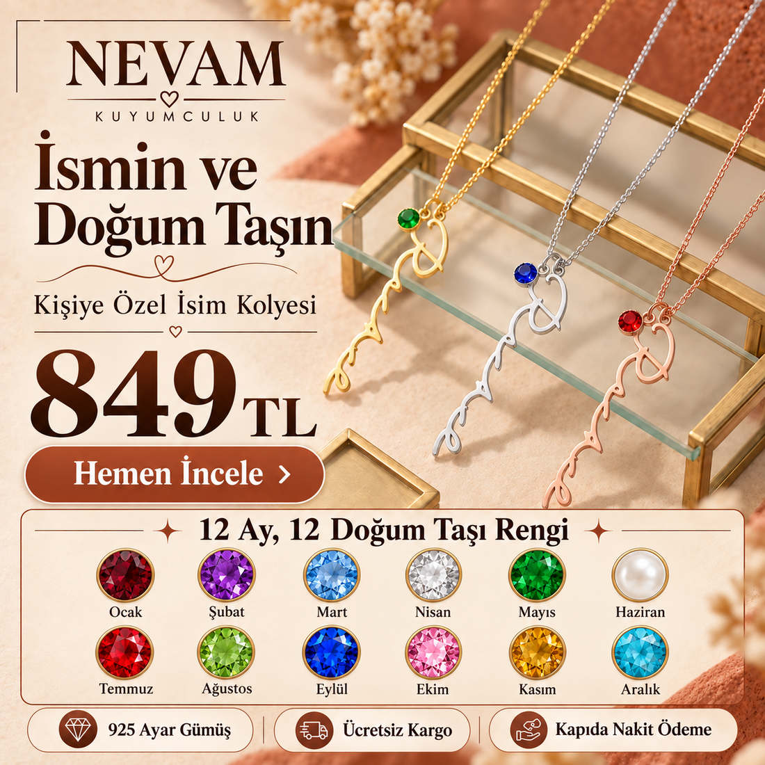 ✨ Taş Detaylı İsim Kolyesi | 925 Ayar Gümüş