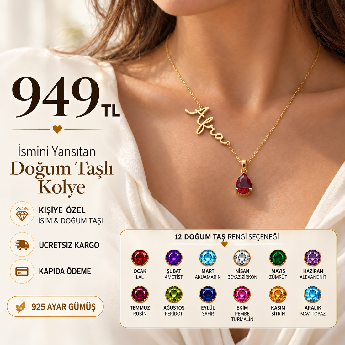 İsmini Yansıtan Doğum Taşlı Kolye ✨925 Ayar Gümüş | Ücretsiz Kargo