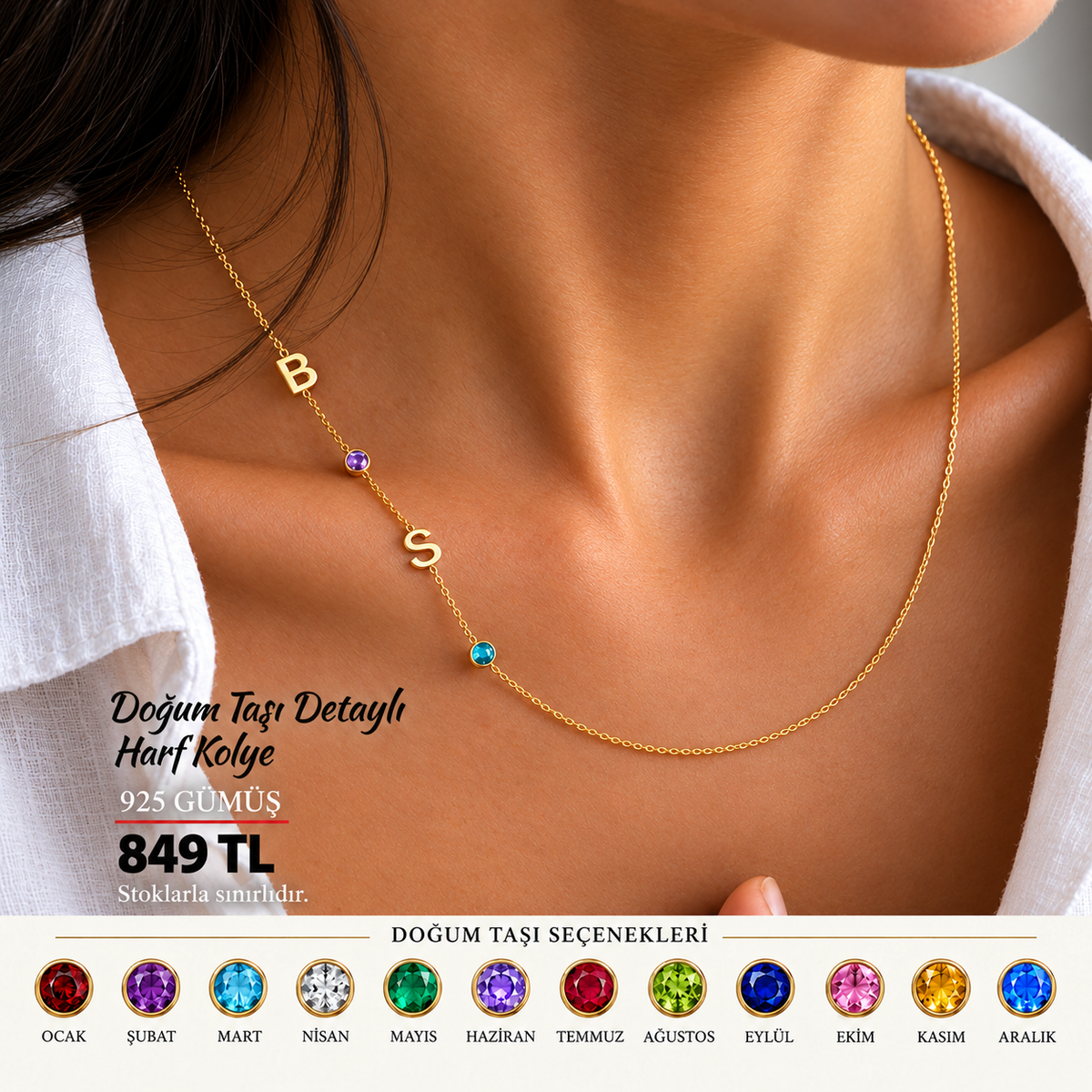 💎 2 Harf Doğum Taşlı Kolye – 925 Ayar Gümüş