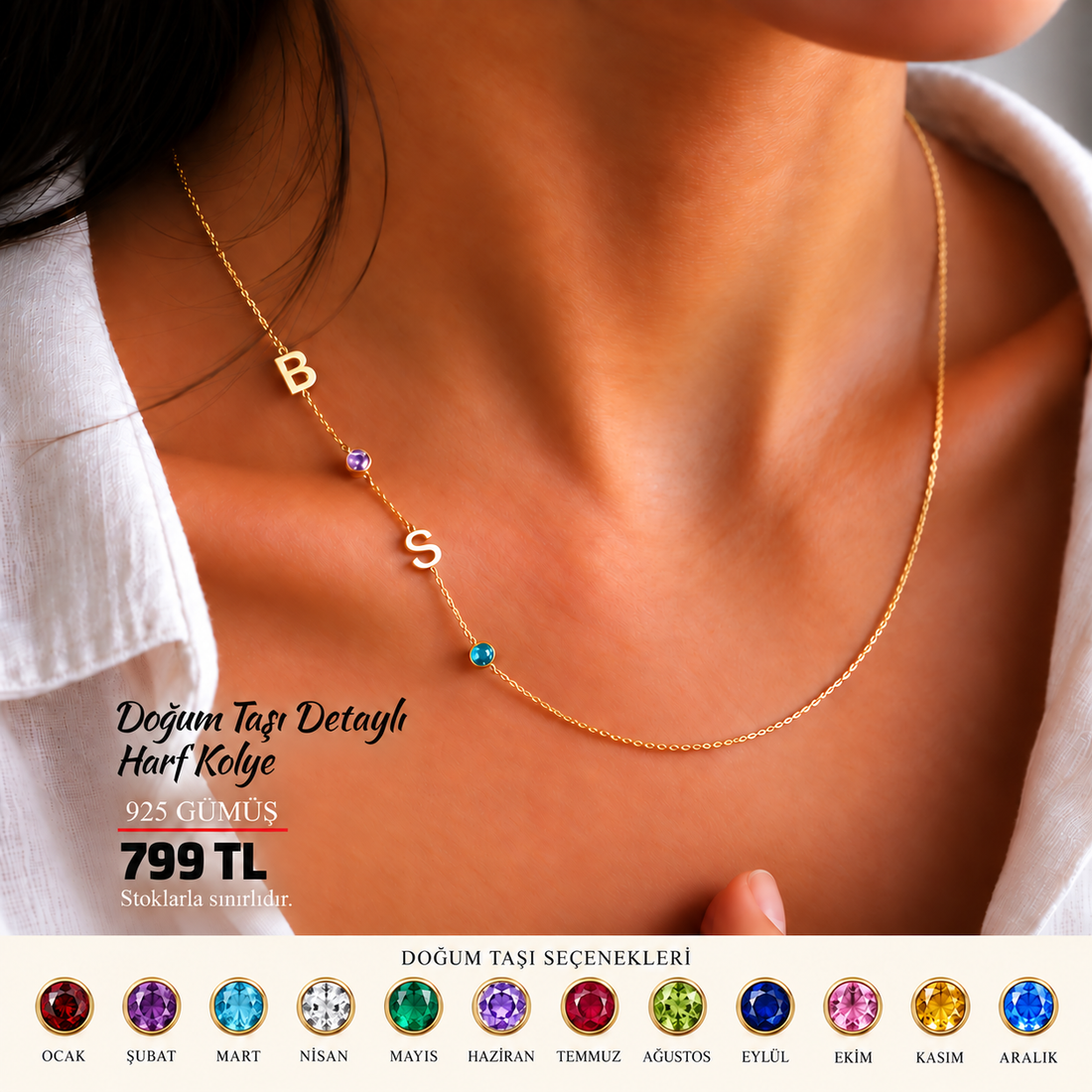 💎 2 Harf Doğum Taşlı Kolye – 925 Ayar Gümüş