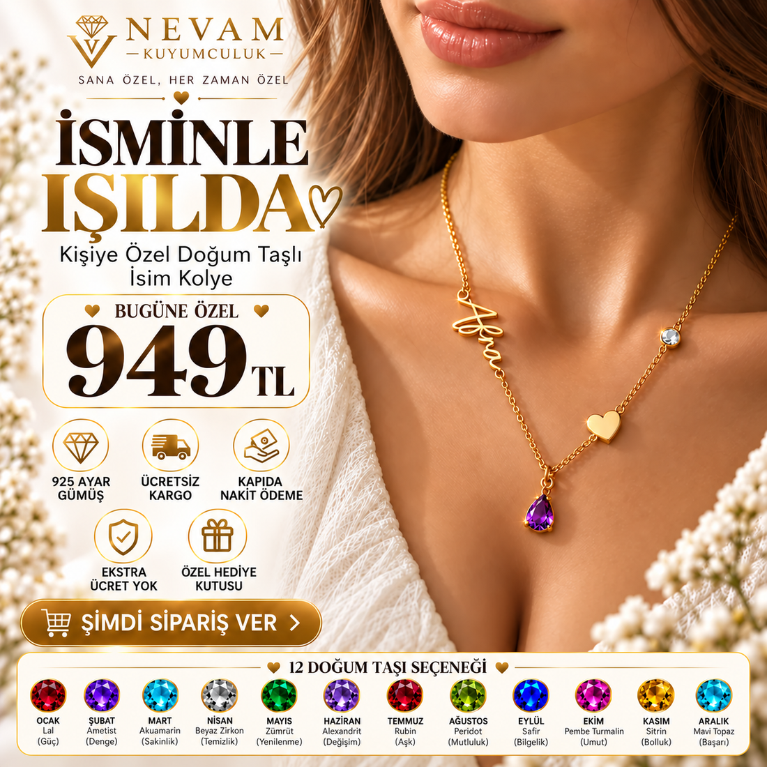 Kalp Detaylı Doğum Taşlı İsim Kolye | 925 Ayar Gümüş