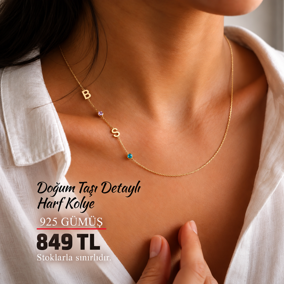 💎 2 Harf Doğum Taşlı Kolye – 925 Ayar Gümüş