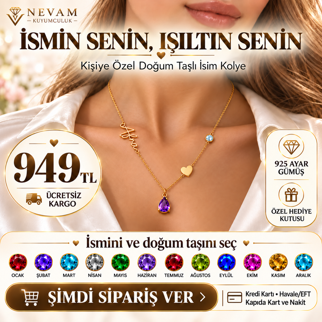Kalp Detaylı Doğum Taşlı İsim Kolye | 925 Ayar Gümüş