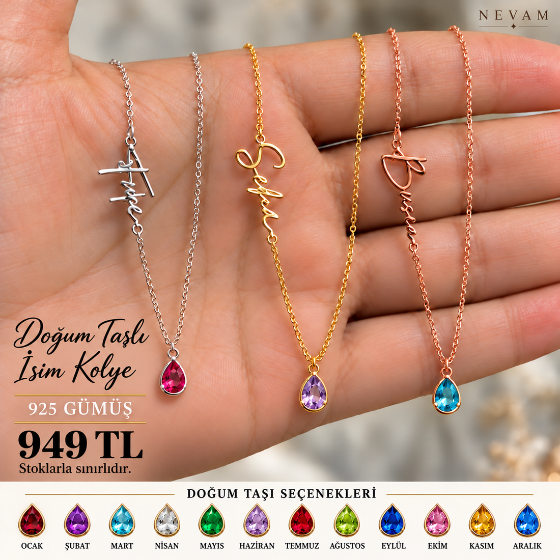 ✨ Kişiye Özel İsim &amp; Doğum Taşı Kolye | 925 Ayar Gümüş ✨