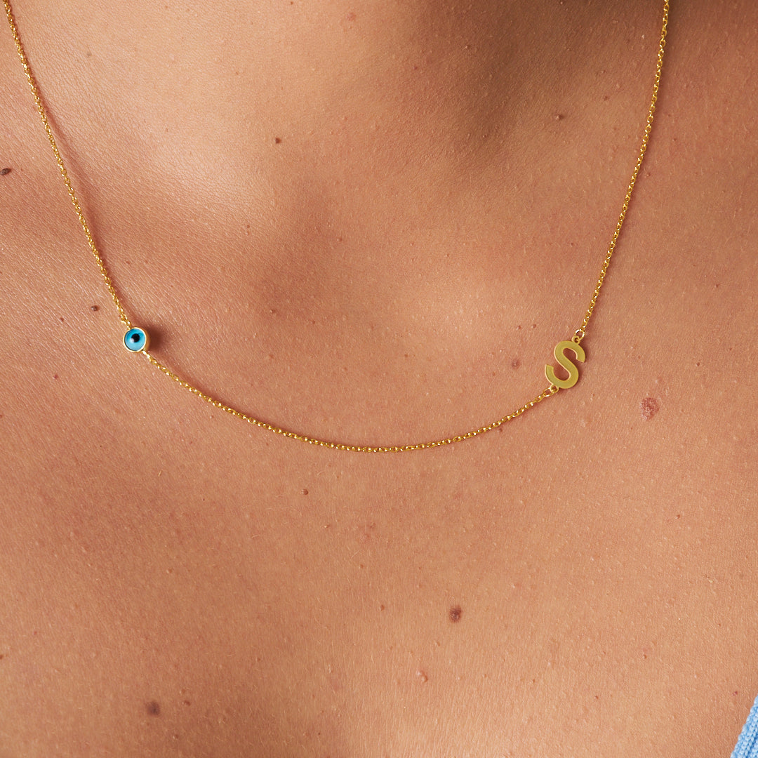 Nazarlı Yan Harf kolye - 925 GÜMÜŞ