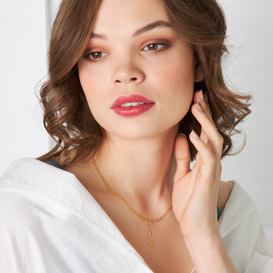 Kalın Zincirli Yatay İsimli Kolye - 925 GÜMÜŞ