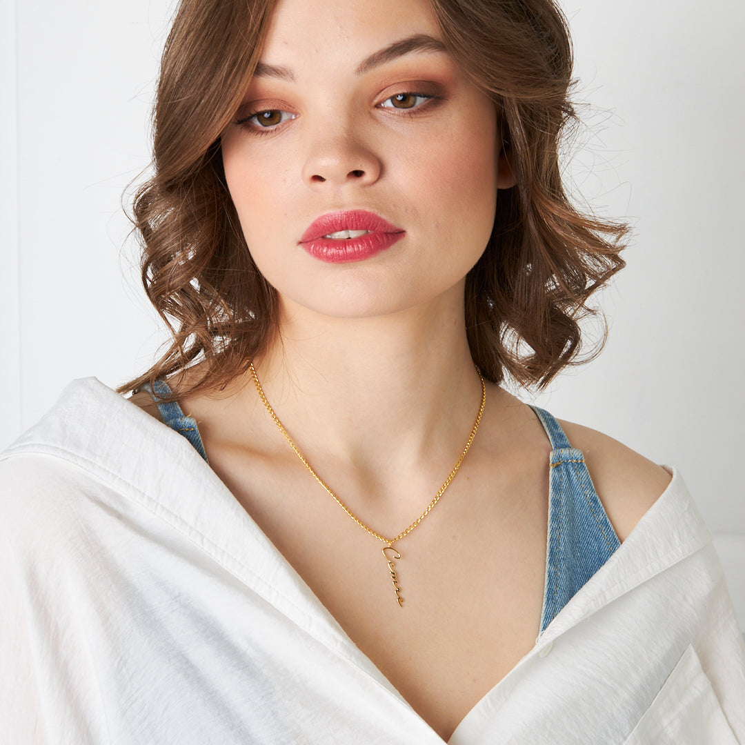 Kalın Zincirli Yatay İsimli Kolye - 925 GÜMÜŞ