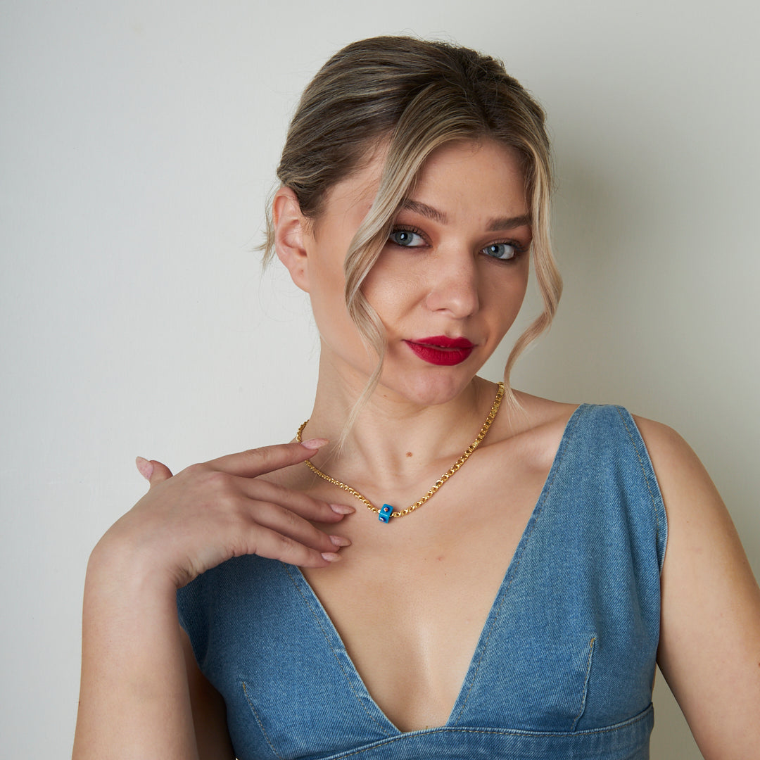 Mavi Nazar Taşlı Pullu Halep Zincir - 925 GÜMÜŞ