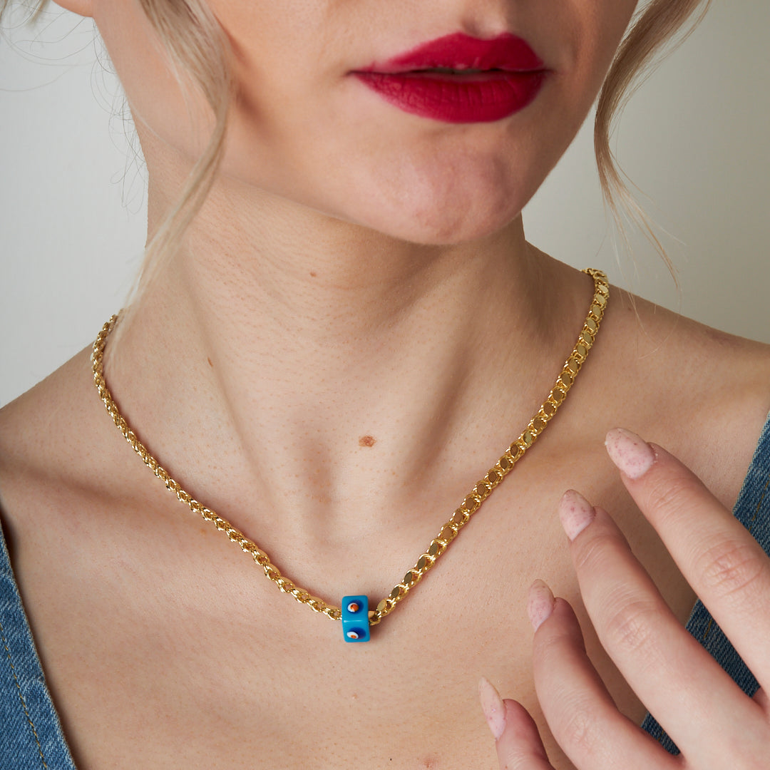 Mavi Nazar Taşlı Pullu Halep Zincir - 925 GÜMÜŞ