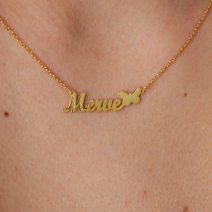 Kelebek Figürlü Yatay İsim Kolyesi - 925 GÜMÜŞ