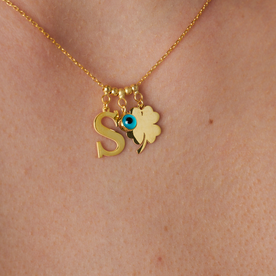 Nazar Yonca Yapraklı Tek Harf Kolye - 925 GÜMÜŞ