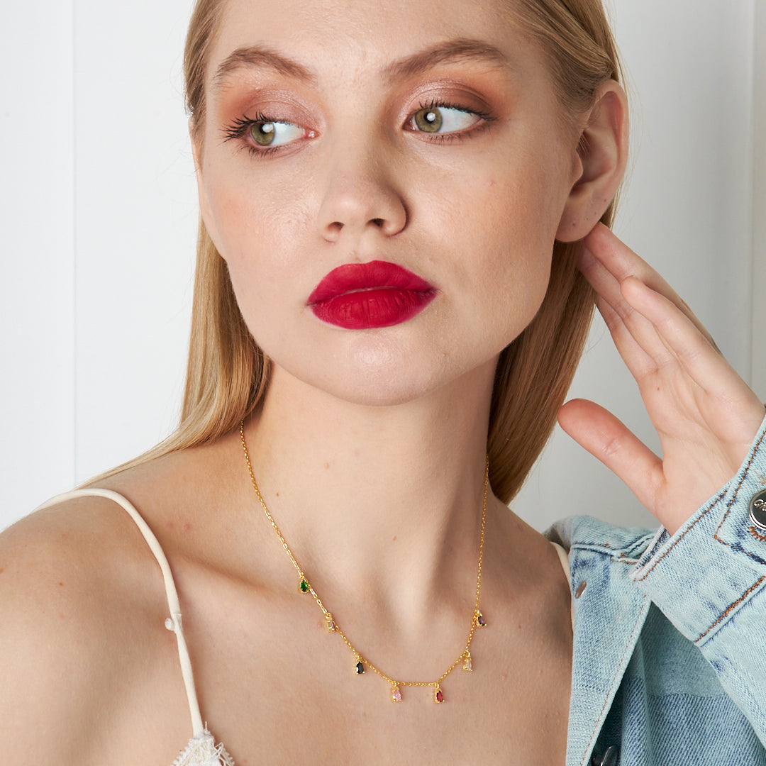 Renkli Taşlı Damla Kolye - 925 GÜMÜŞ