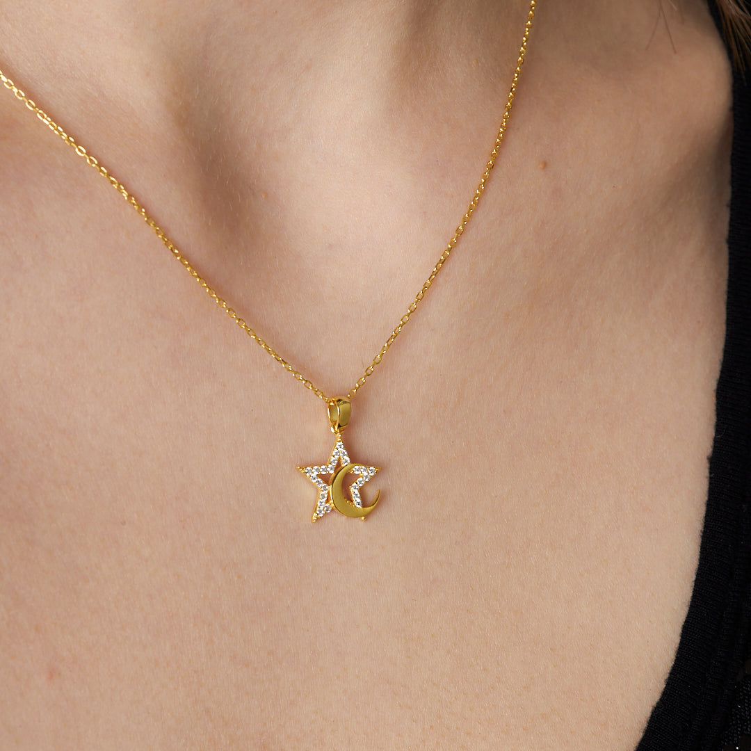 Bitişik Ay Yıldız Kolye - 925 GÜMÜŞ