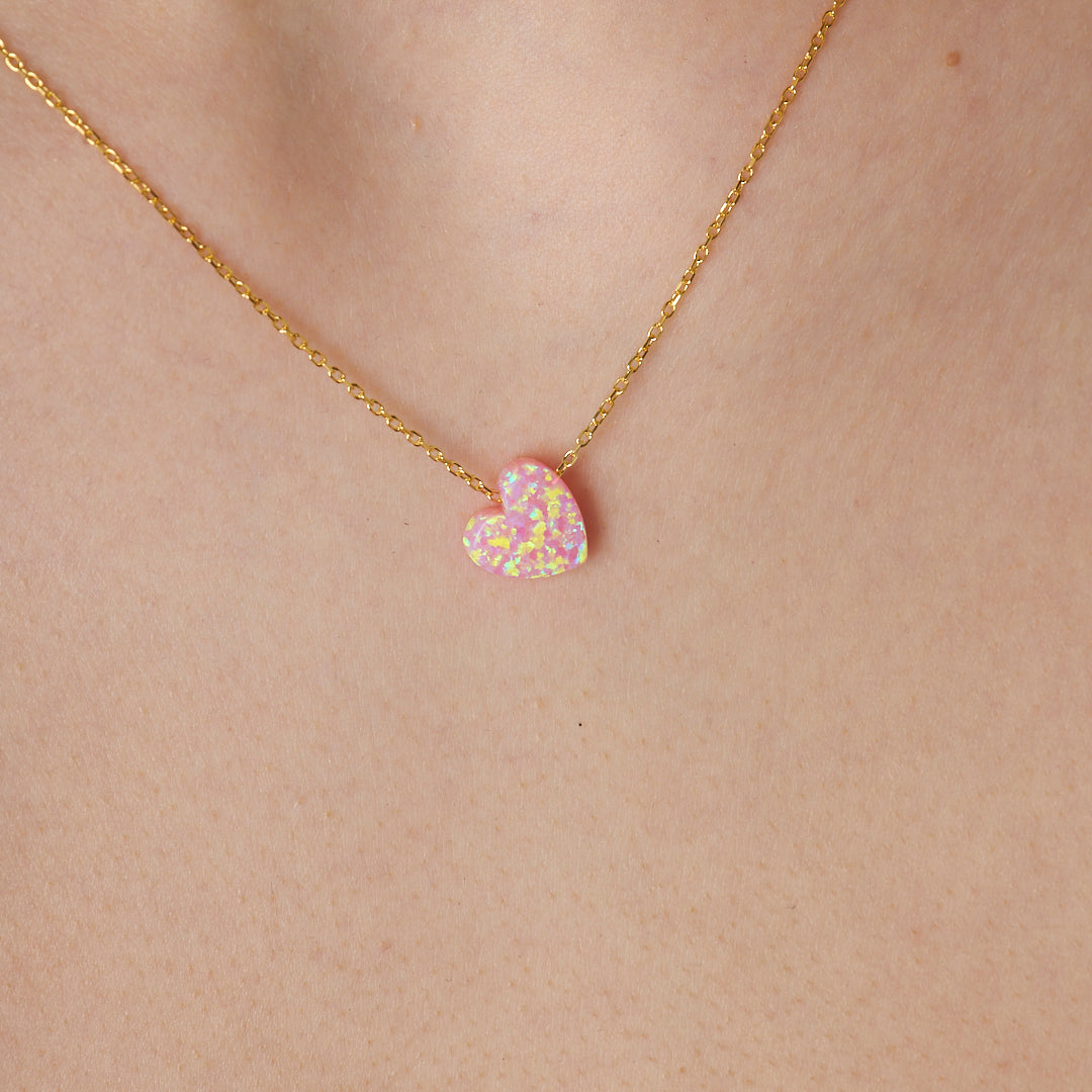 Orijinal Pembe Opal Kalp Kolye - 925 GÜMÜŞ