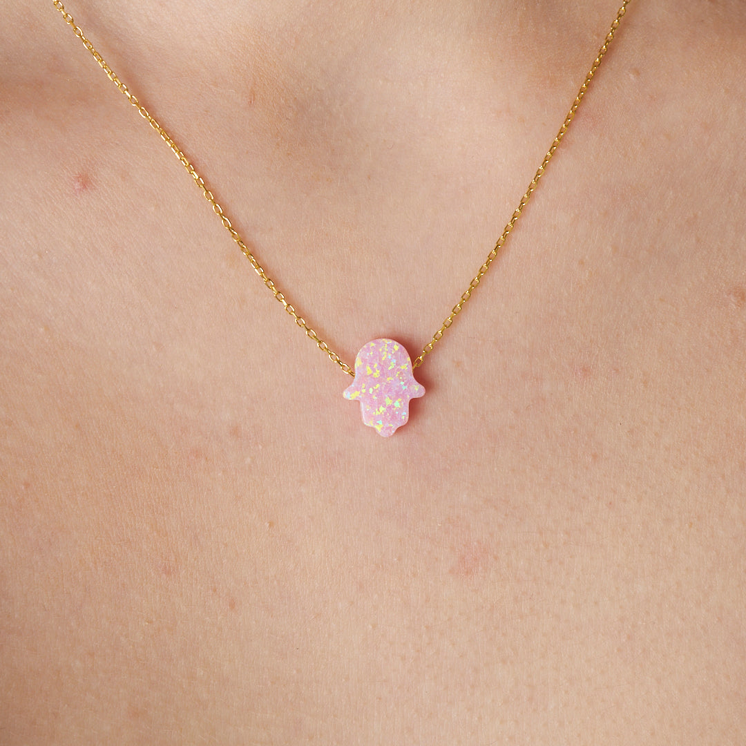 Orjinal Pembe Basit Opal Fatma El Kolye - 925 GÜMÜŞ