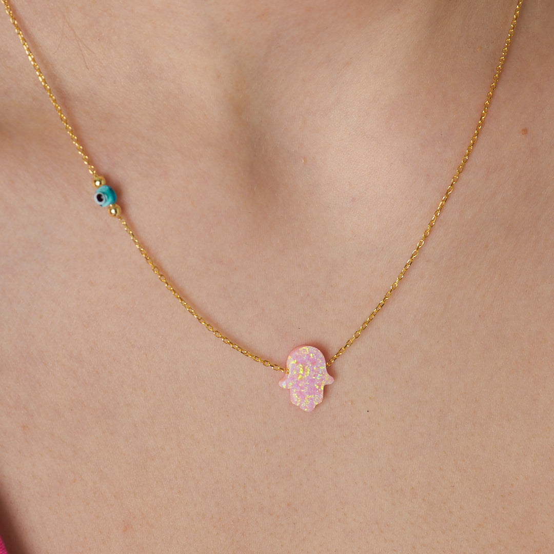 Orjinal Pembe Opal Nazar Gözlü Fatma Eli Kolye - 925 GÜMÜŞ