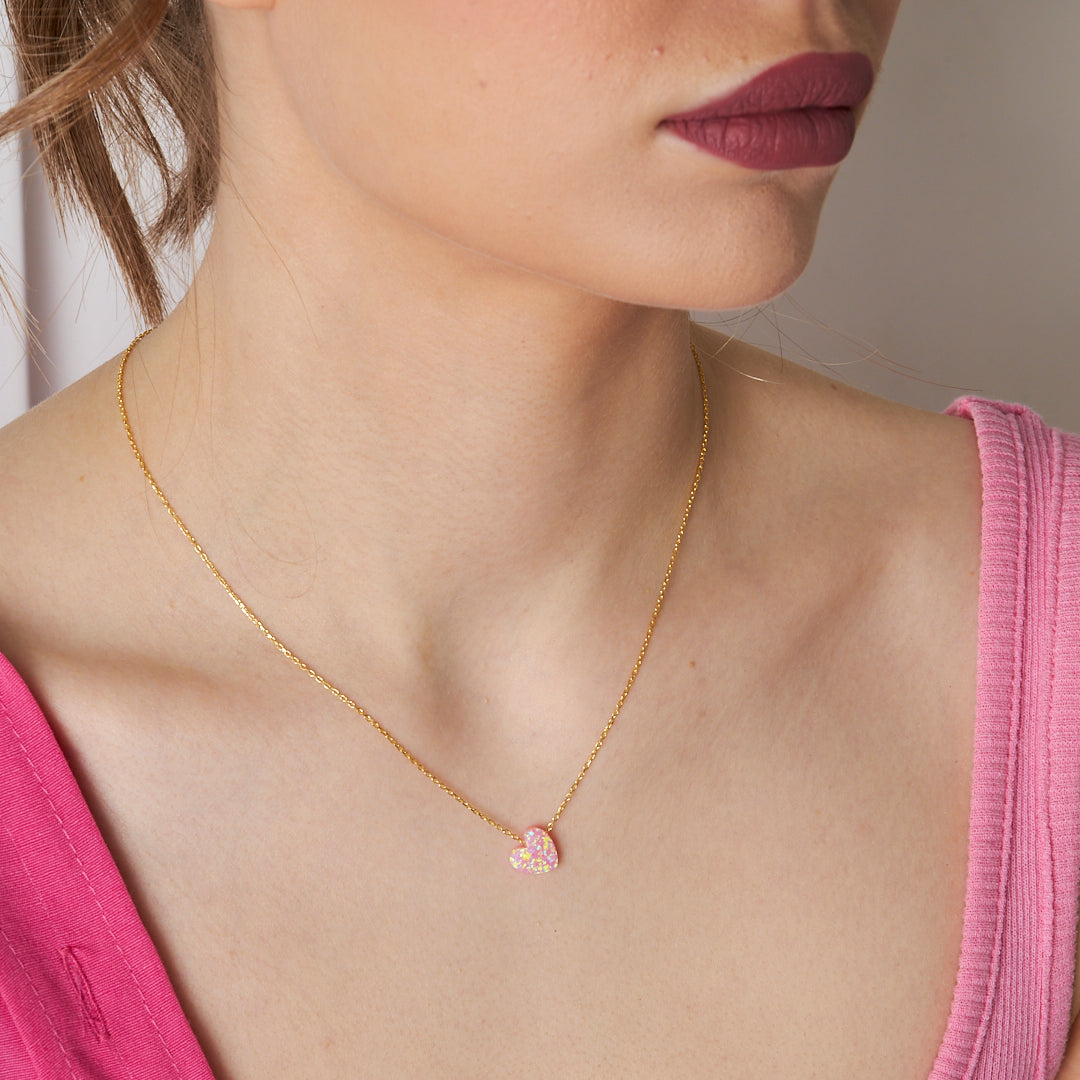 Orijinal Pembe Opal Kalp Kolye - 925 GÜMÜŞ