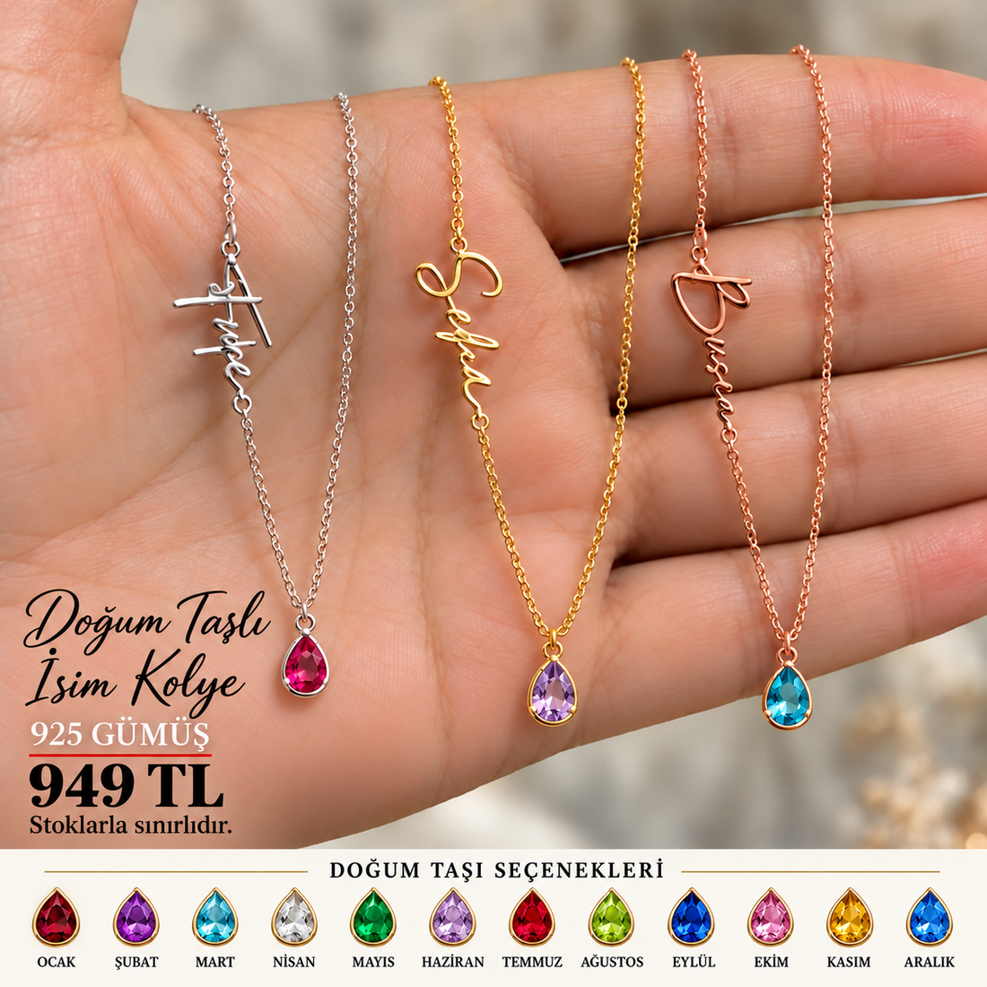 ✨ Kişiye Özel İsim &amp; Doğum Taşı Kolye | 925 Ayar Gümüş ✨