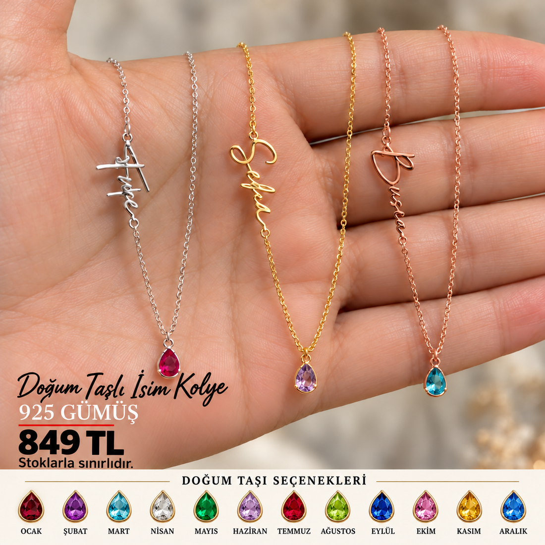 ✨ Kişiye Özel İsim &amp; Doğum Taşı Kolye | 925 Ayar Gümüş ✨