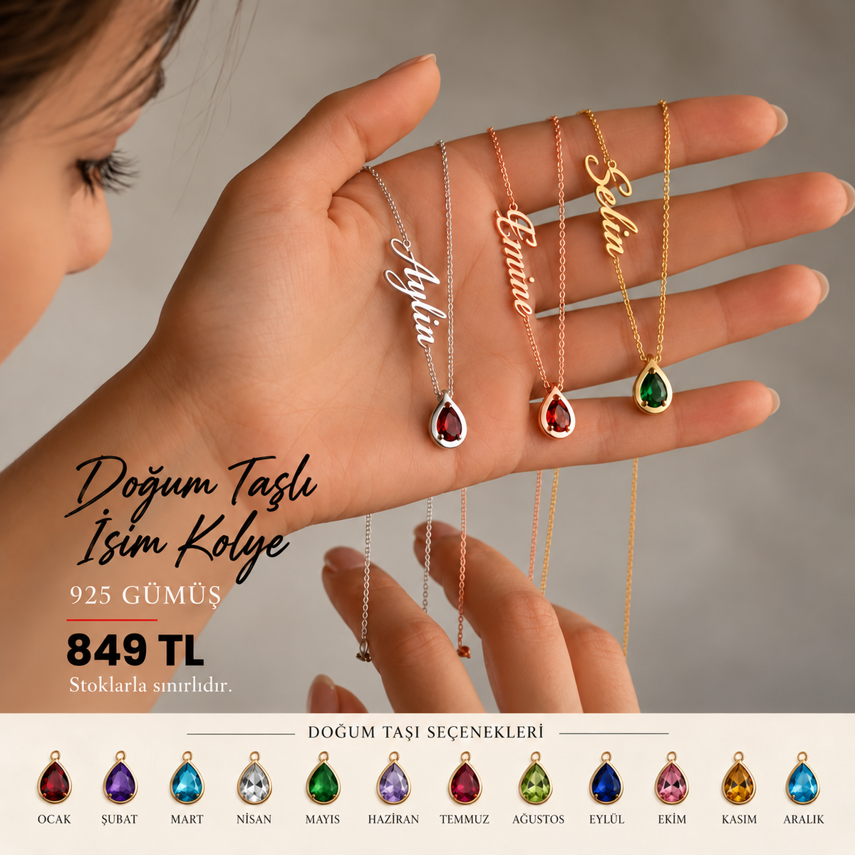 Damla Doğum Taşlı İsim Kolye | Kişiye Özel 925 Ayar Gümüş