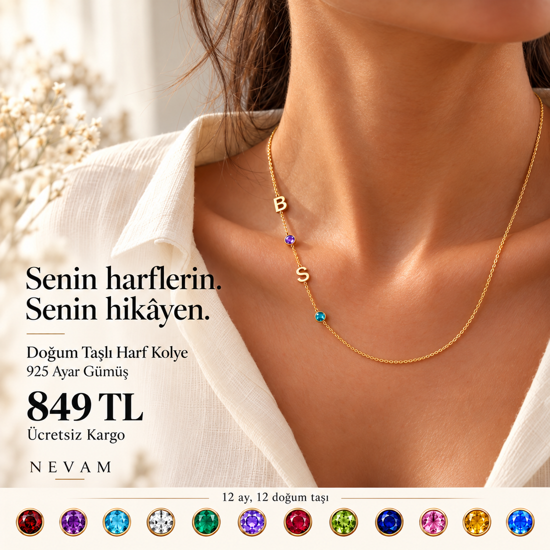 💎 2 Harf Doğum Taşlı Kolye – 925 Ayar Gümüş