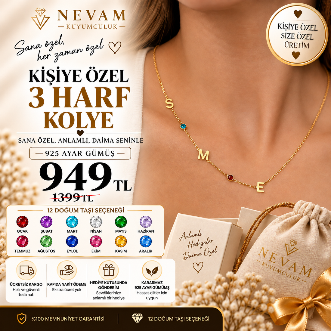💎 3 Harfli Doğum Taşı Kolye – 925 Ayar Gümüş